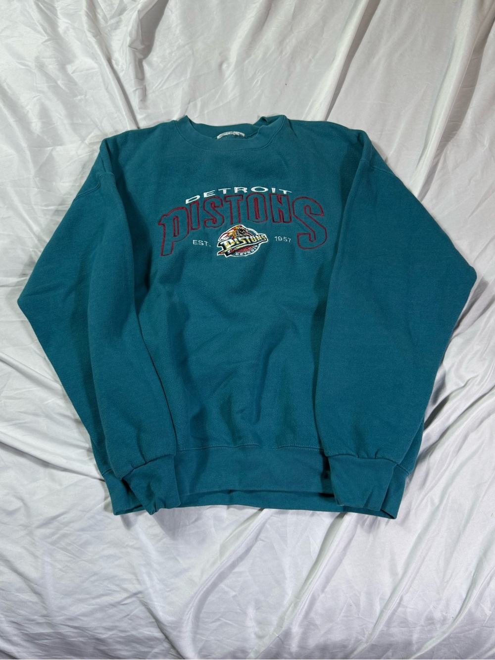 Vintage Detroit Pistons Teal Crewneck Sweatshirt Logo Athletic Large VTG Retro